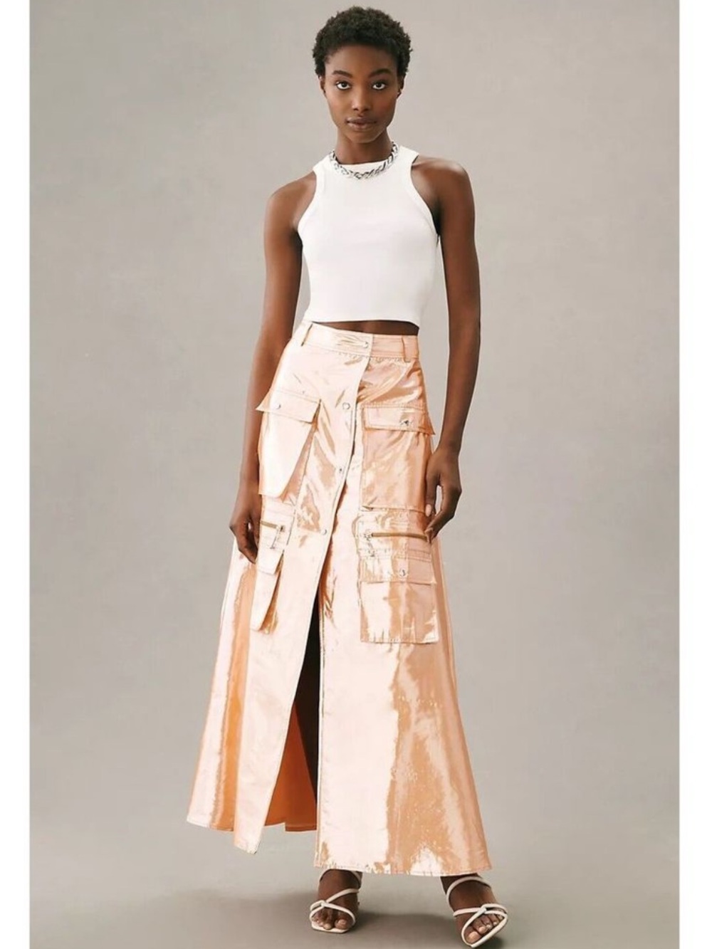 NWT Anthropologie Let Me Be Metallic Cargo Maxi Skirt Size XL